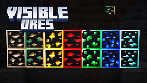 Minecraft Visible Ores texture pack featured image showing glowing highlighted ore blocks for better visibility.