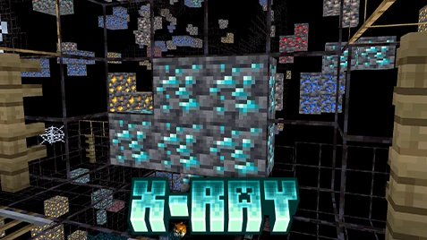 Minecraft X-Ray Ultimate texture pack featured image showing exposed diamond ores with X-Ray logo