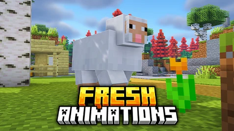 Fresh Animations Texture Pack featured image showing an animated Minecraft sheep in a bright, colorful village environment.
