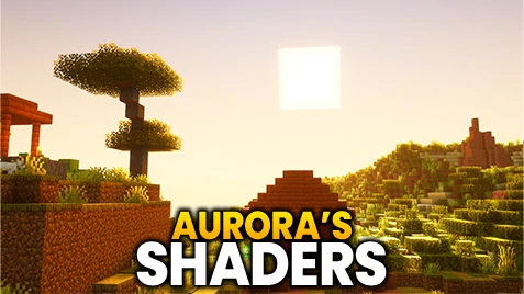 Minecraft landscape at sunset with enhanced lighting effects using Auroras Shaders.