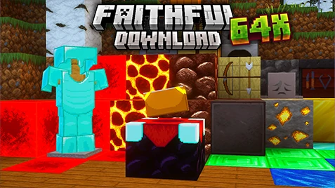 Featured image of Minecraft Faithful 64x texture pack showing detailed diamond armor, enchanting table, ores, and block designs with download banner.