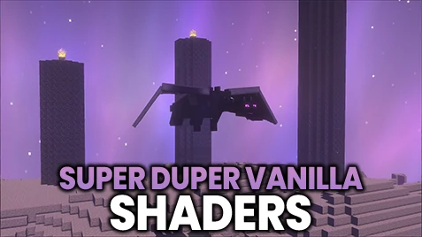 Featured image of Minecraft with Super Duper Vanilla Shaders, showing the Ender Dragon battle with glowing towers and cinematic lighting effects.