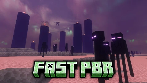 FAST PBR Shaders featured image showing End dimension with Endermen and Ender Dragon under a glowing purple sky.