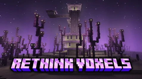 Rethink Voxels Shaders featured image showing the End City with glowing lighting and voxel-based illumination.