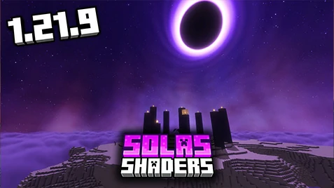 Minecraft End dimension with glowing purple eclipse sky using Solas Shaders for version 1.21.9.