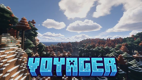 Voyager Shaders featured image showing a bright Minecraft forest with realistic clouds, soft lighting, and detailed shadows.